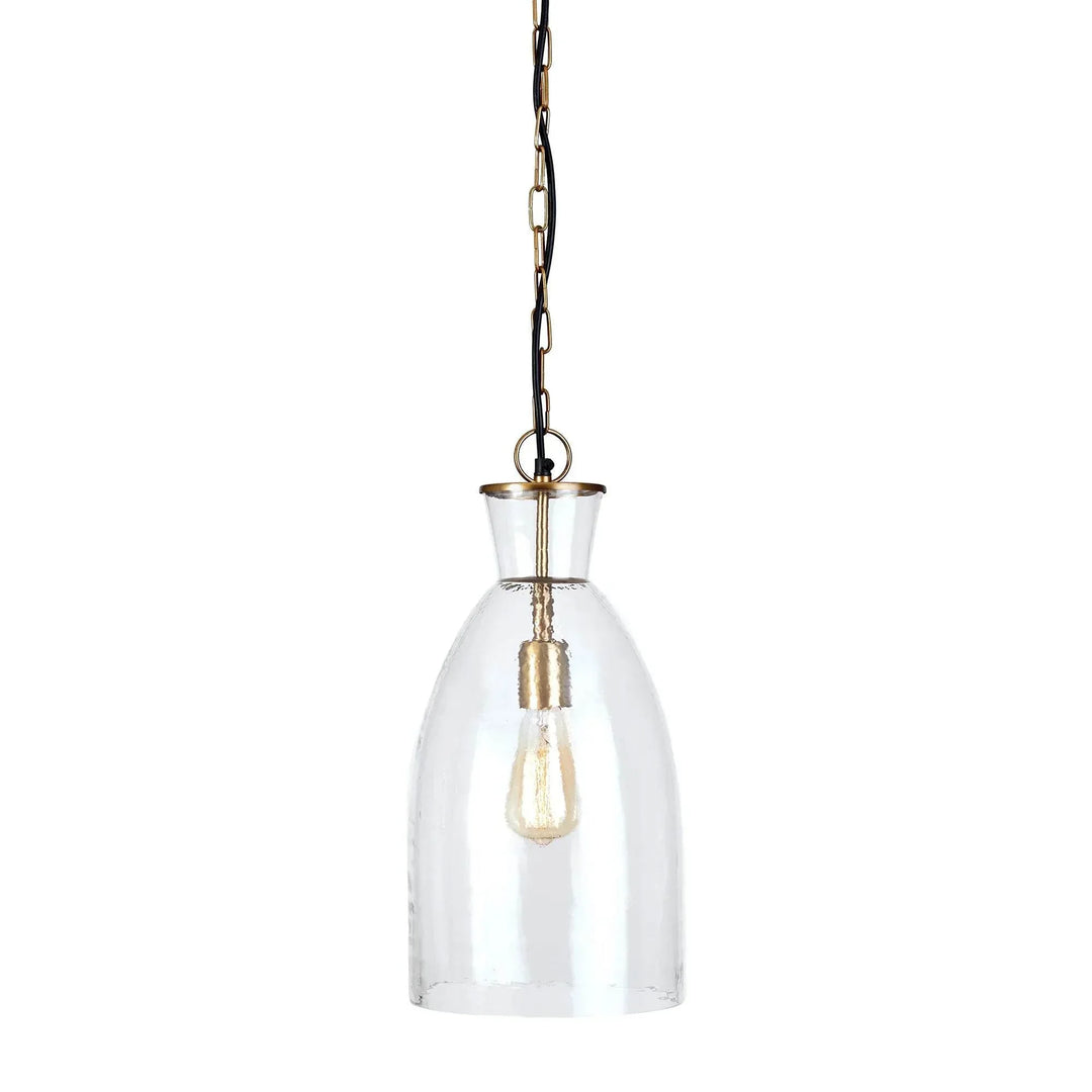 Tall seeded glass bottle pendant with a slim neck, curved shoulders and brass-finished fittings on white, Transitional style