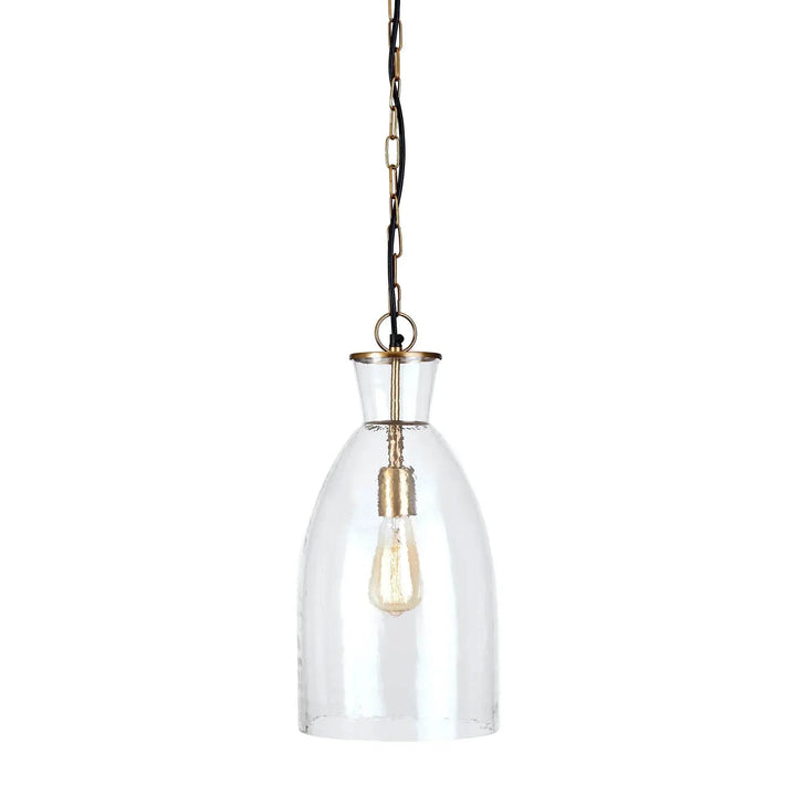 Tall seeded glass bottle pendant with a slim neck, curved shoulders and brass-finished fittings on white, Transitional style