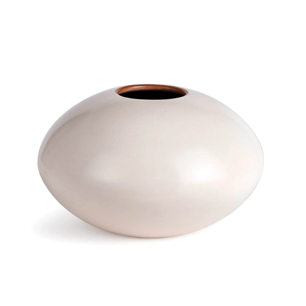 Short beige ceramic vase with wide round shape on white background – 13 inch.

