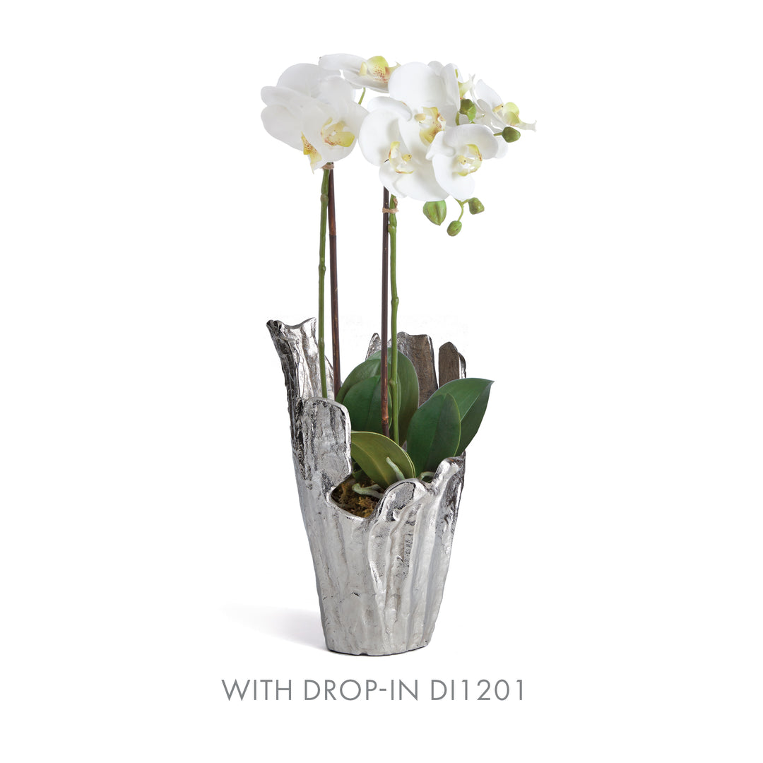 Silver aluminum decorative vase with white orchid drop-in DI1201, liner shown for easy scale and styling – Modern Organic.