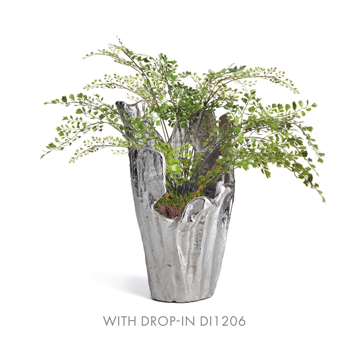 Silver aluminum decorative vase with fern greenery drop-in DI1206, liner shown for scale and styling tips – Modern Organic.