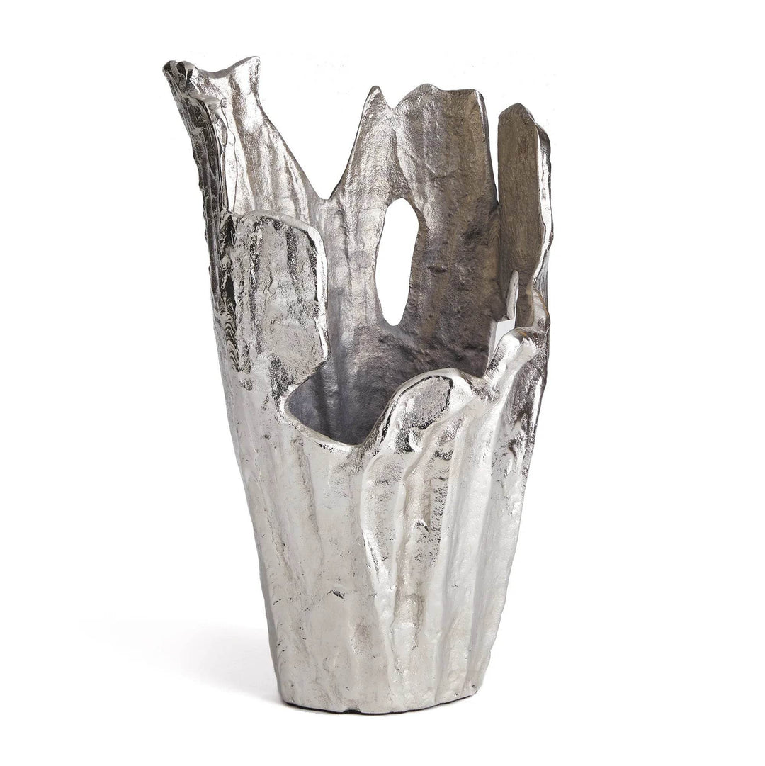 Silver aluminum decorative vase with organic rim, 14.25 inches high, shown on white for product detail – Modern Organic.