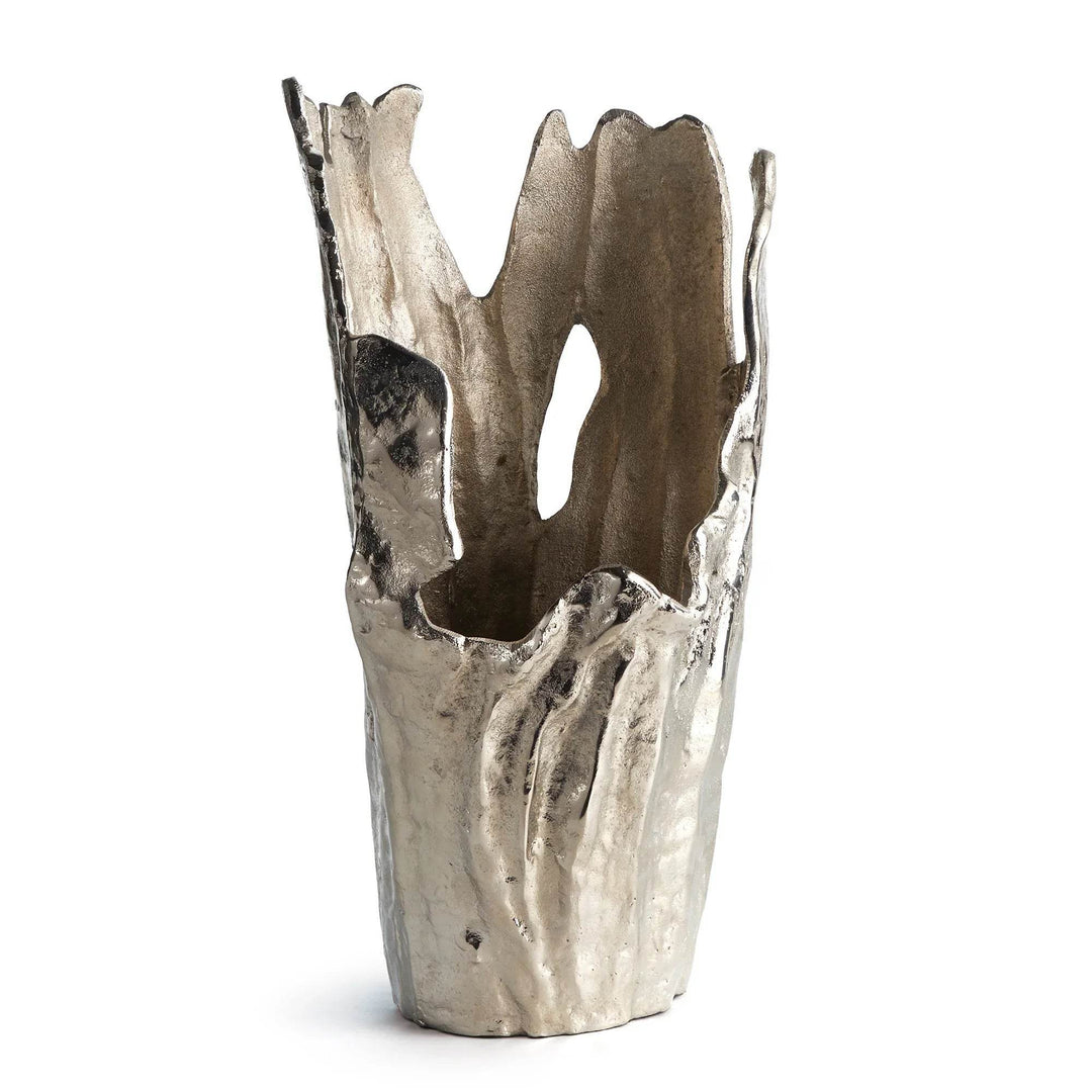 Silver aluminum decorative vase with tall organic sculptural rim, 18 inches high, shown on white background for modern interiors – Modern Organic.