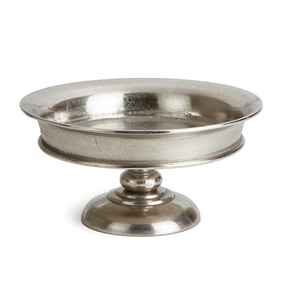 Front view of silver cast aluminum pedestal bowl with wide rim and turned base – Modern Classic

