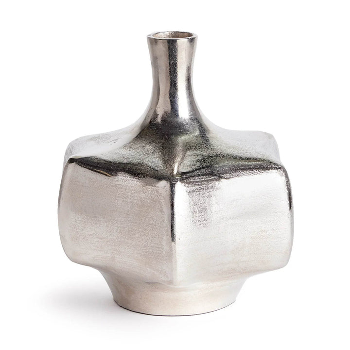 Silver cast aluminum vase with sculptural shape, 11 inches tall, reflective metallic accent for modern coastal decor

