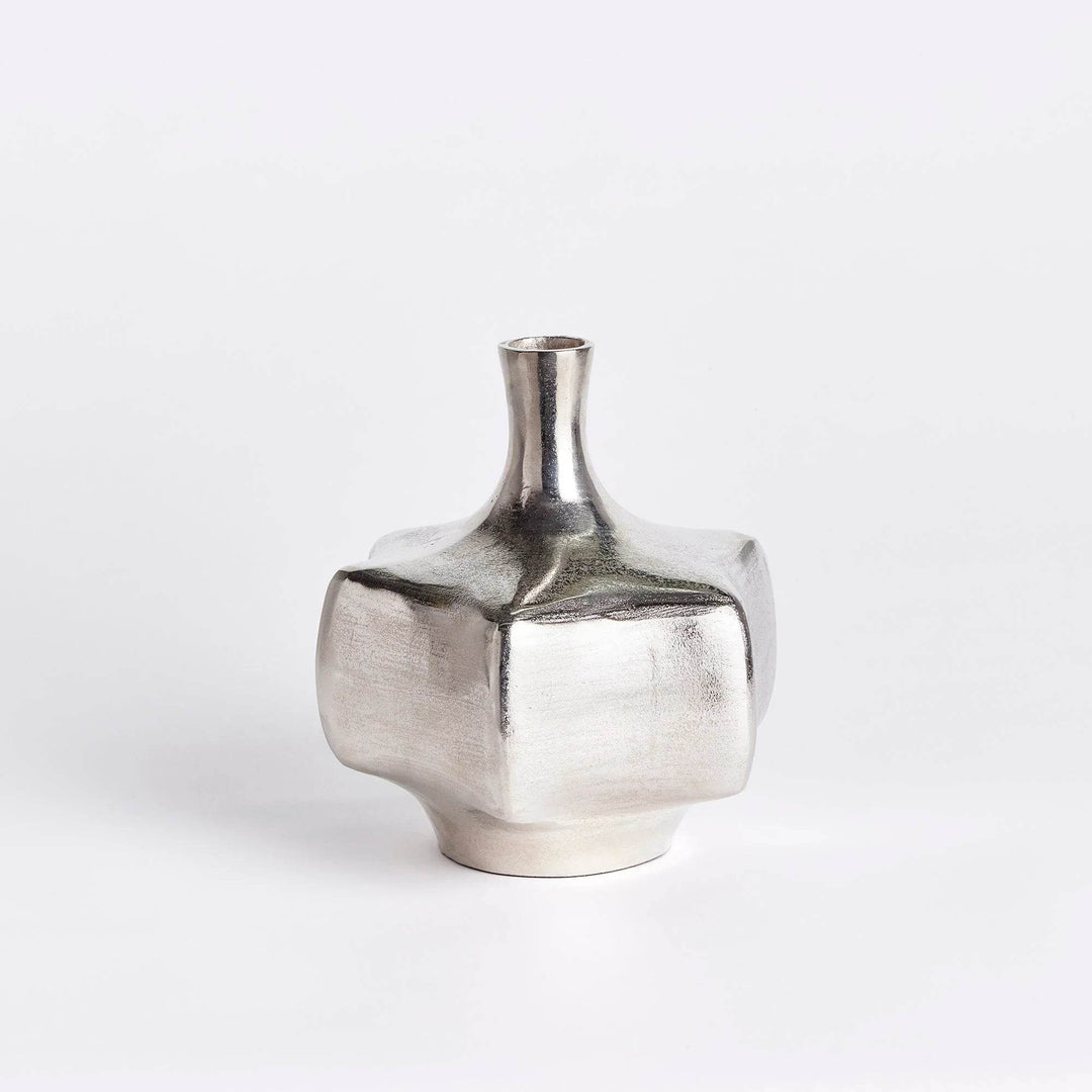 Full view of silver cast aluminum vase, 11 inches tall, modern sculptural decor accent for mantels and consoles

