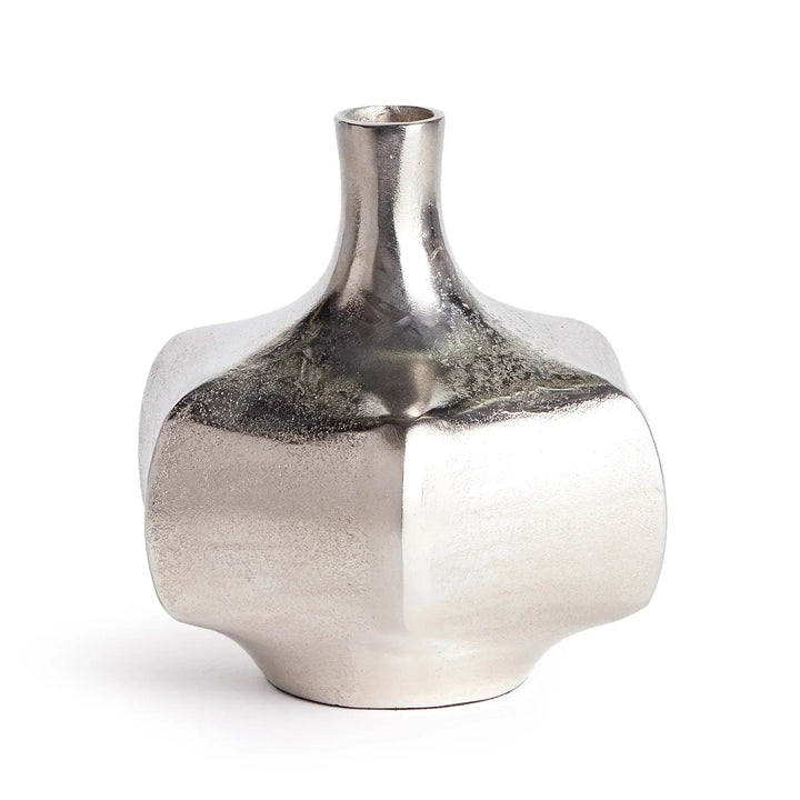 Small silver cast aluminum vase with sculptural shape, 8.75 inches tall, reflective metallic accent for modern coastal decor
