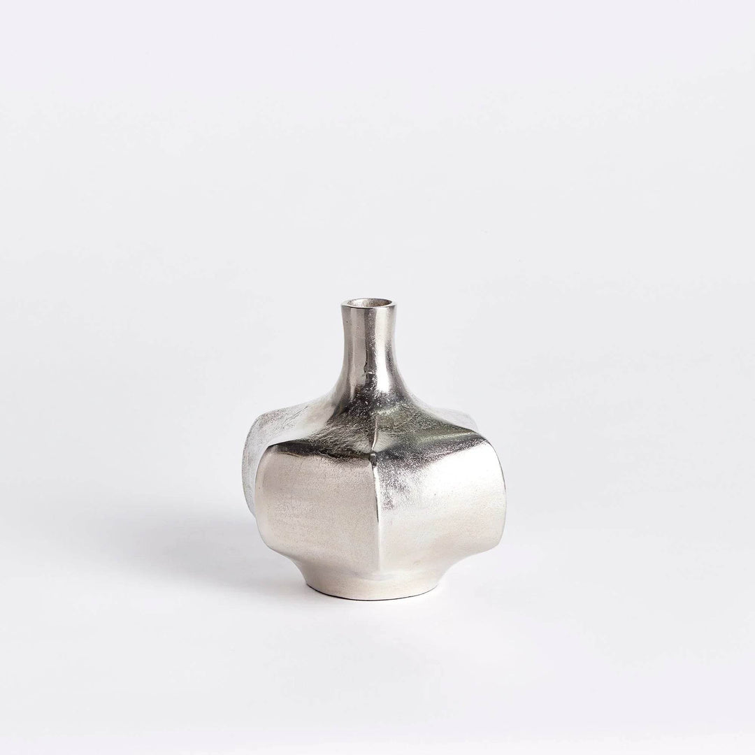 Full view of small silver cast aluminum vase, 8.75 inches tall, sculptural metallic decor for mantels and consoles

