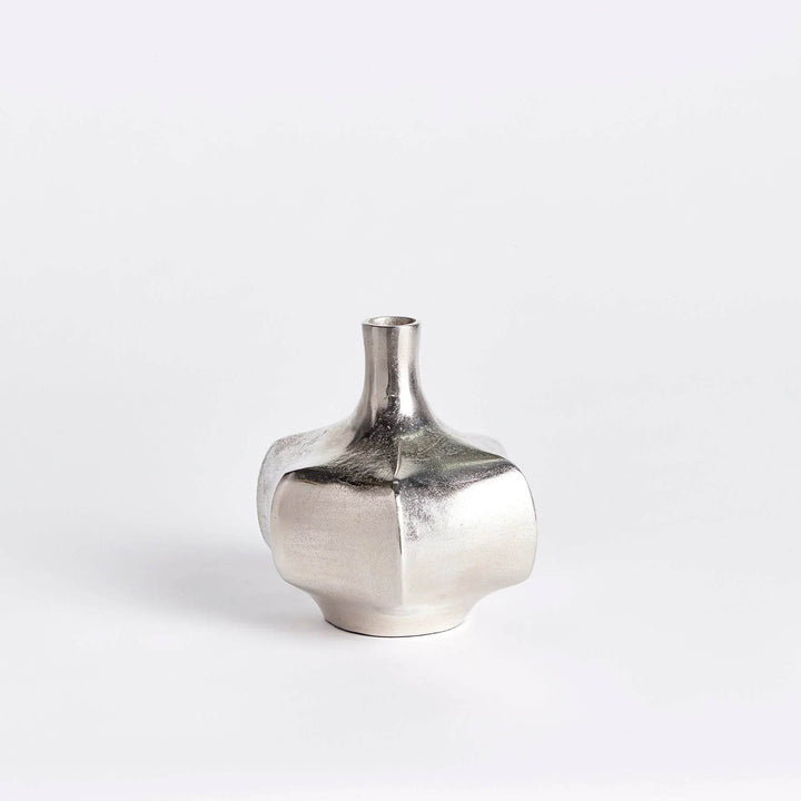 Full view of small silver cast aluminum vase, 8.75 inches tall, sculptural metallic decor for mantels and consoles

