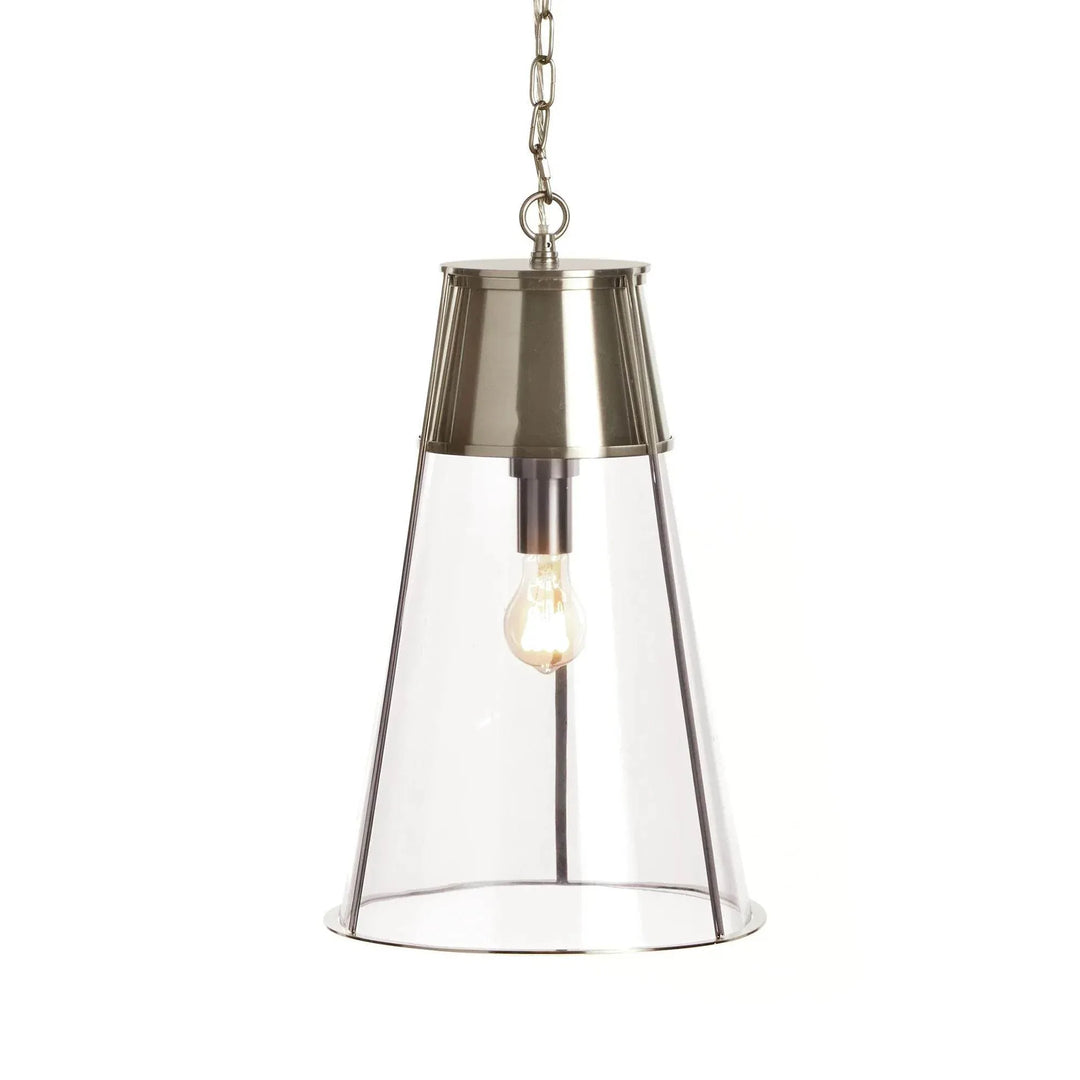 Silver clear glass cone pendant light with a tapered shade, slim iron frame and a hanging chain on white, Transitional style