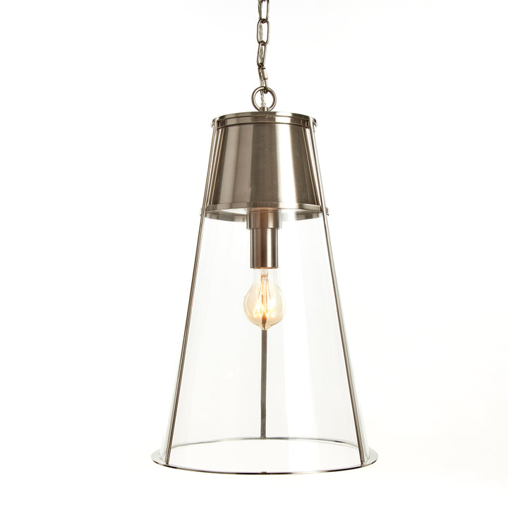 Silver glass cone pendant light shown from an angle with a tapered shade, open lower rim and exposed bulb, Transitional style