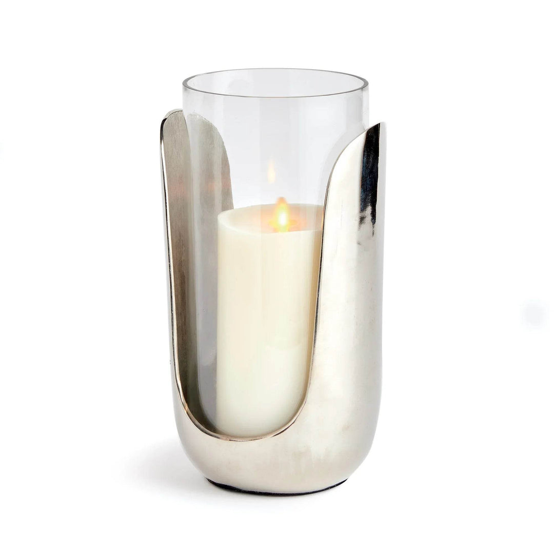 Large 11 inch hurricane candle holder with clear hand-blown glass and sleek silver aluminum base