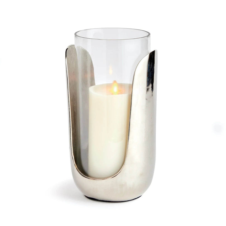 Large 11 inch hurricane candle holder with clear hand-blown glass and sleek silver aluminum base