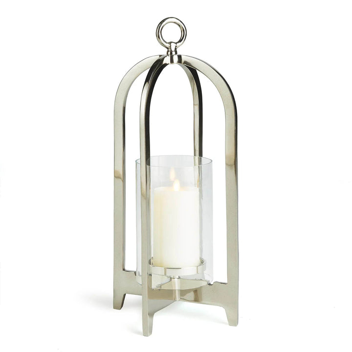 Tall silver aluminum hurricane lantern with clear glass insert and arched frame – Modern Classic

