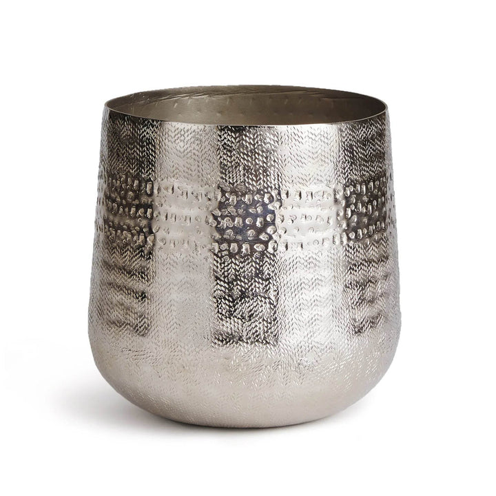Front-facing silver metal cachepot with cross-hatch texture shown on white background – Modern Organic.

