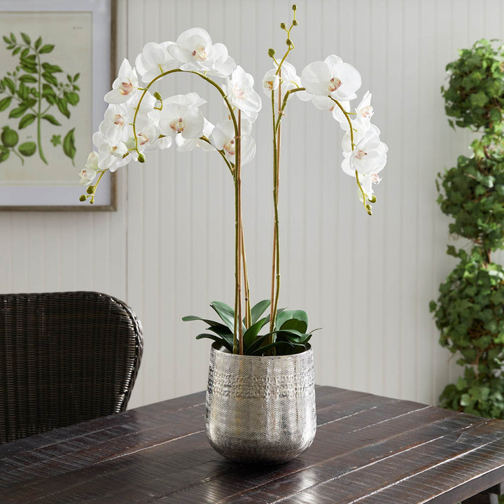 Silver textured metal cachepot styled with white orchids on dining table – Modern Organic.

