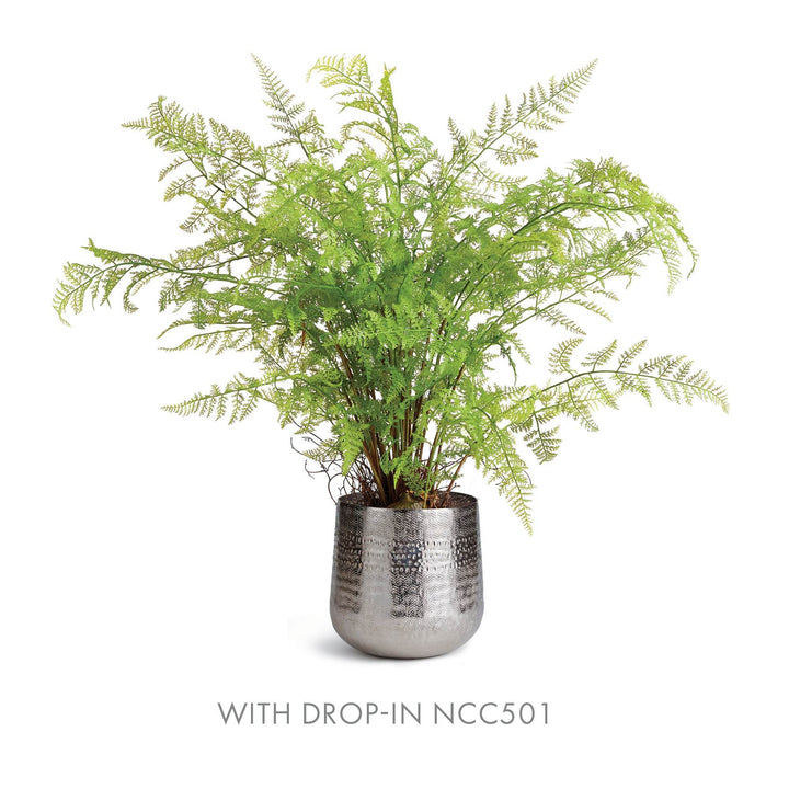 Textured metal cachepot shown with faux fern drop-in NCC501 – Modern Organic.

