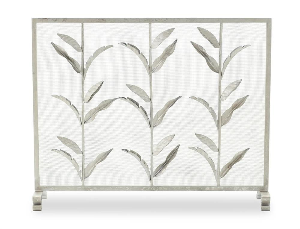 Silver single-panel fireplace screen with upright stems, sculpted leaf details, mesh backing and fixed legs | Transitional