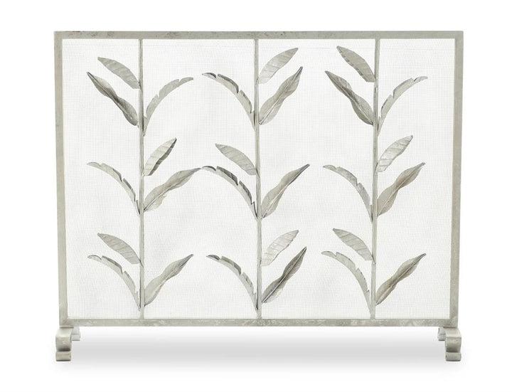Silver single-panel fireplace screen with upright stems, sculpted leaf details, mesh backing and fixed legs | Transitional