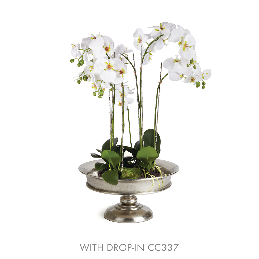 Silver pedestal bowl shown with artificial orchid drop-in CC337 for floral display styling – Modern Classic


