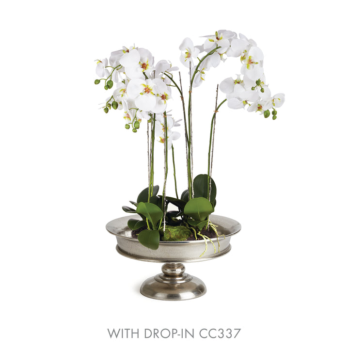 Silver pedestal bowl shown with artificial orchid drop-in CC337 for floral display styling – Modern Classic

