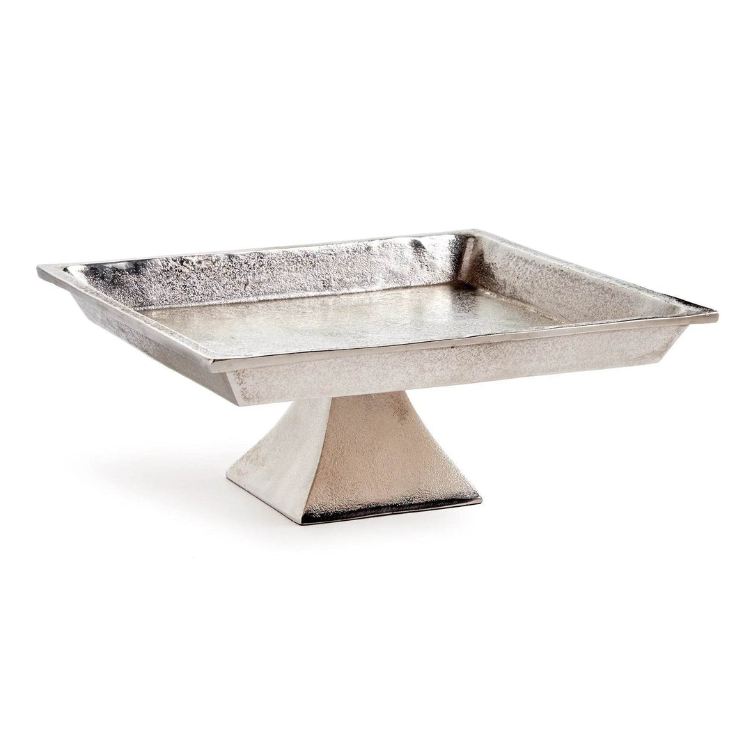 Decorative silver pedestal tray in brushed nickel aluminum, shown from front angle, ideal for candles or seasonal centerpieces.

