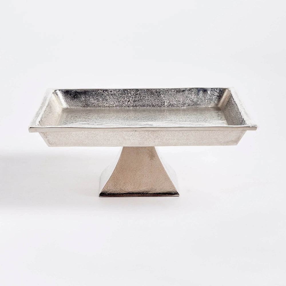 Brushed nickel silver pedestal tray on square base, front view, modern traditional decor for dining or console styling.


