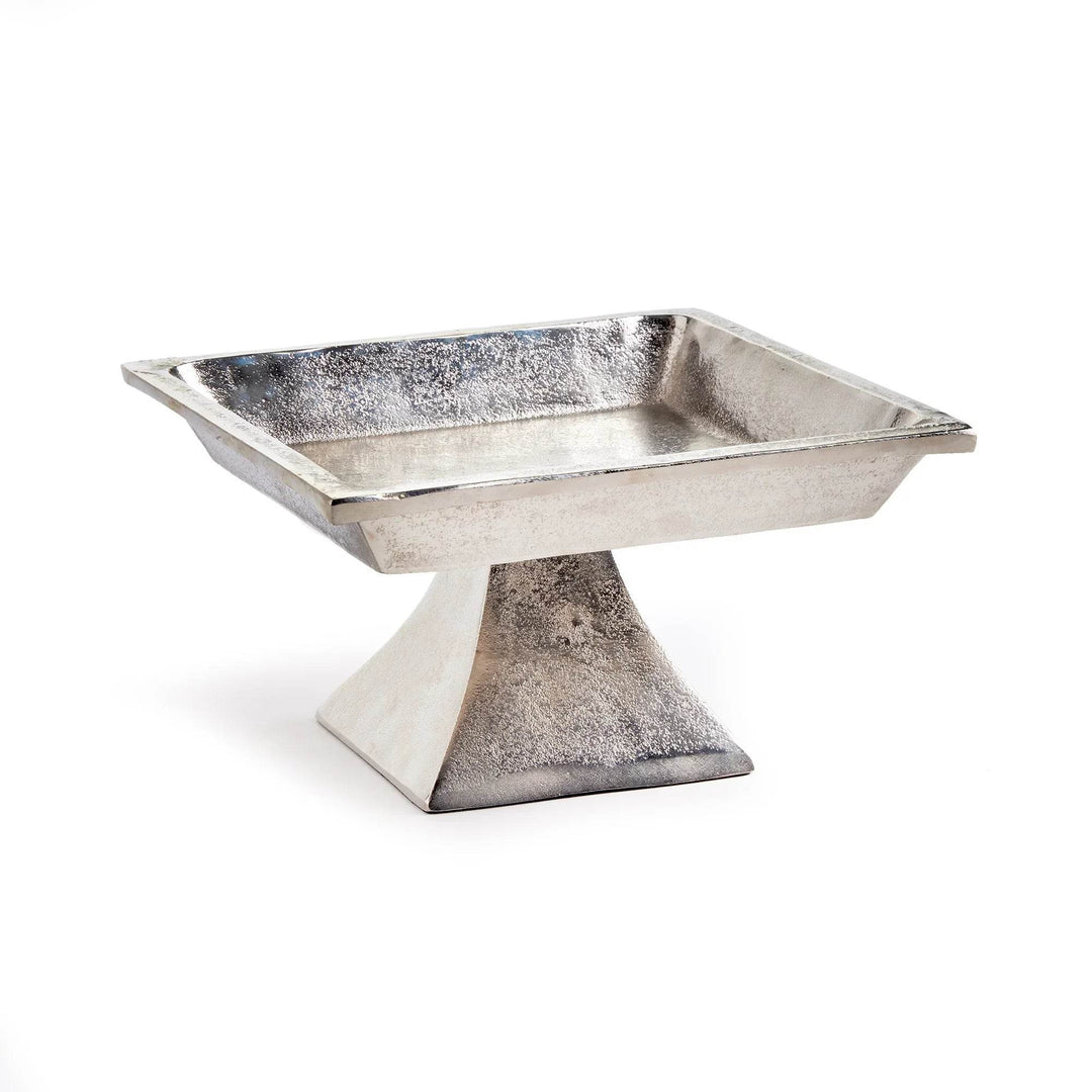 Small silver pedestal tray with brushed nickel finish, shown from front angle, ideal for candles or seasonal decor styling.

