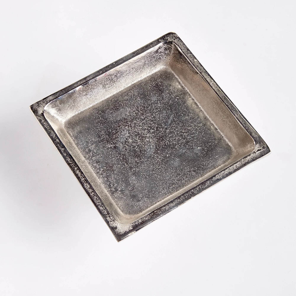 Top view of small silver pedestal tray in brushed nickel, showing square surface for candles, plants, or decorative accents.

