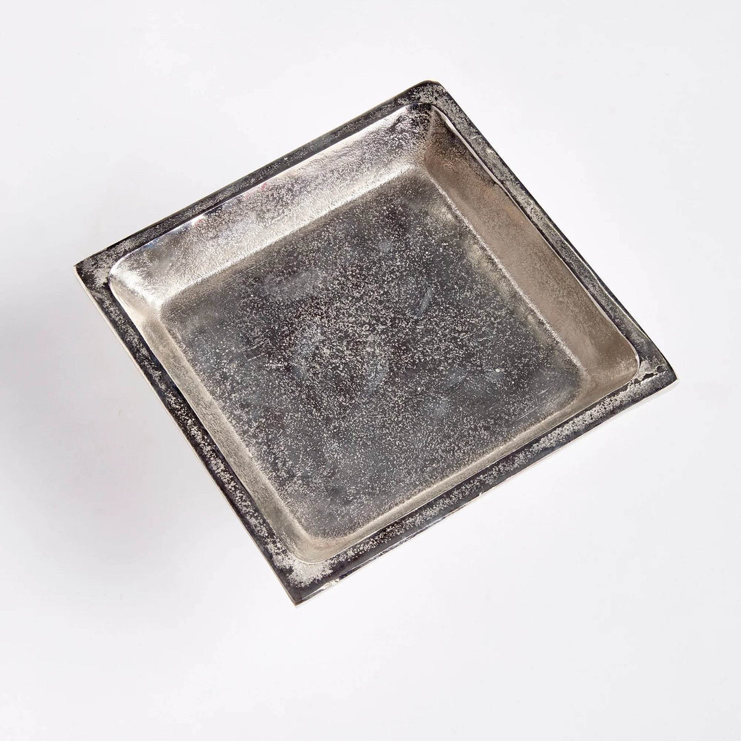 Top view of small silver pedestal tray in brushed nickel, showing square surface for candles, plants, or decorative accents.

