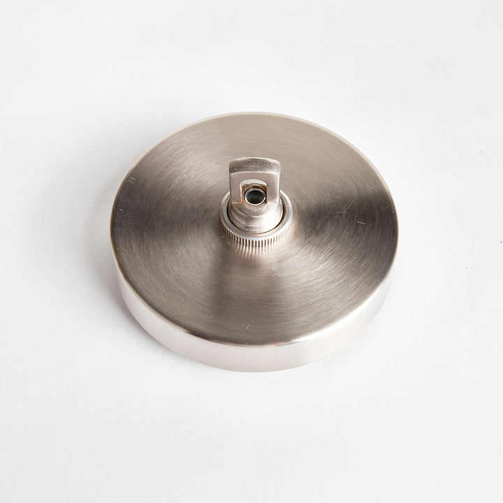 Silver pendant ceiling canopy viewed from above, showing the round metal plate and central chain fitting, Transitional style