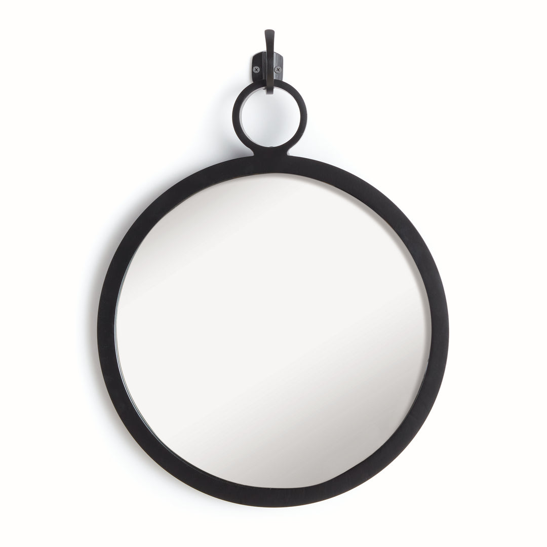 Full front view of Scandinavian-inspired black round mirror with clean lines and floating wall hook design