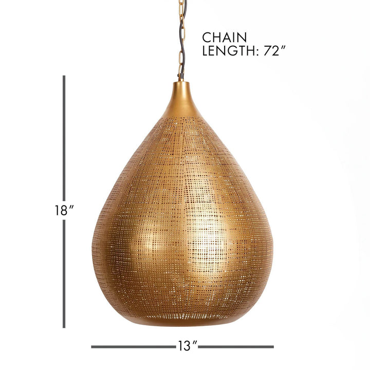 Small gold woven iron pendant diagram showing the shade width and height with a chain length marked above, Transitional style