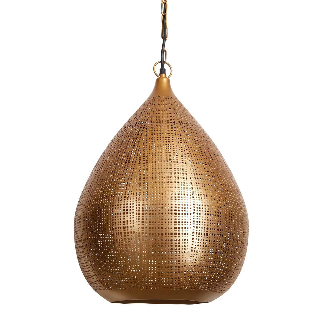 Small antique brass finish teardrop pendant in woven iron, hanging by a chain against a white background, Transitional style
