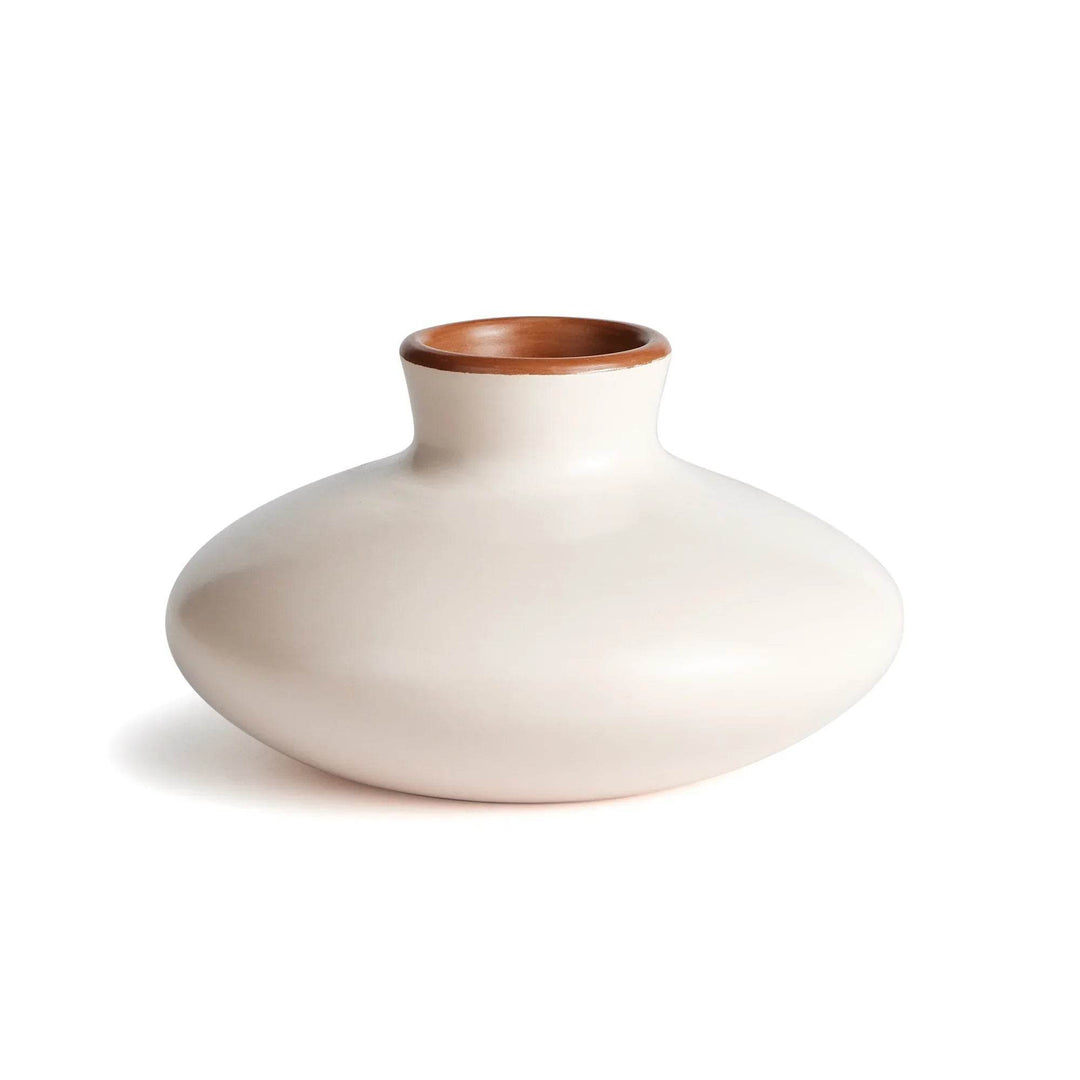 Front view of handcrafted small beige ceramic vase with warm ecru tones, perfect for styling shelves, tables, and mantels.

