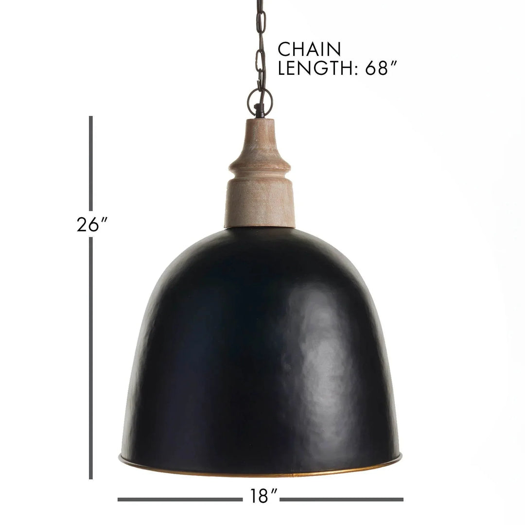 Small black dome pendant diagram showing height, width and chain length beside its turned wood accent, Modern Farmhouse style