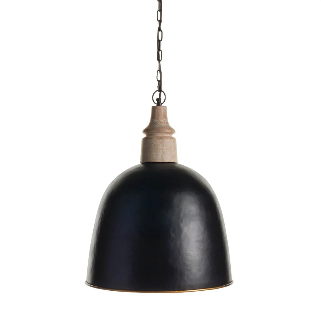 Small black dome pendant light with a turned wood accent and chain suspension against white backdrop, Modern Farmhouse style