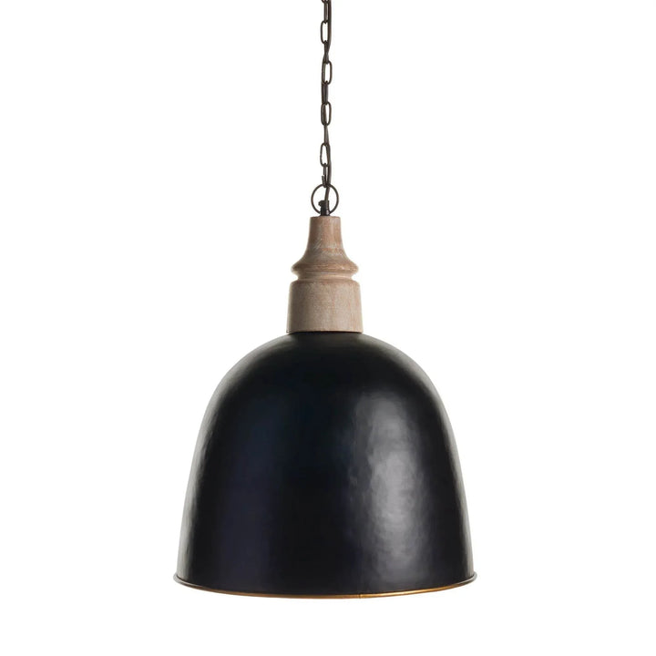 Small black dome pendant light with a turned wood accent and chain suspension against white backdrop, Modern Farmhouse style