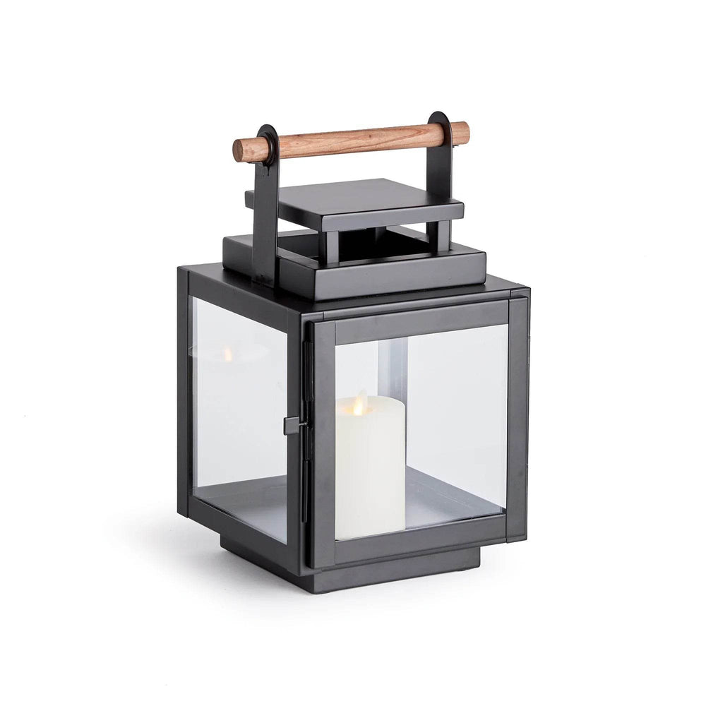 Small black outdoor lantern with teak handle and glass panels