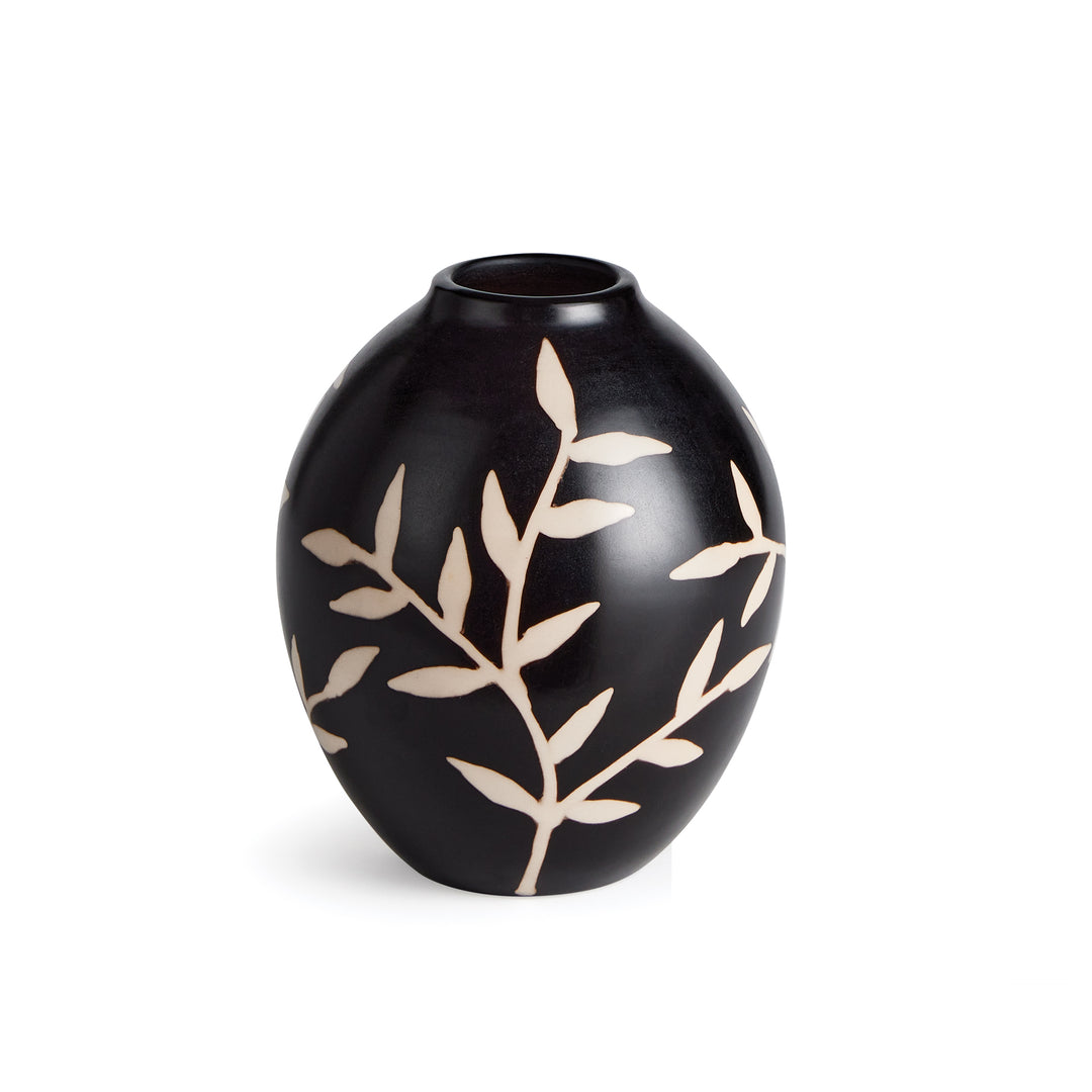 Front view of small black terracotta vase showing hand-etched vine motif and rounded silhouette – Modern Organic.