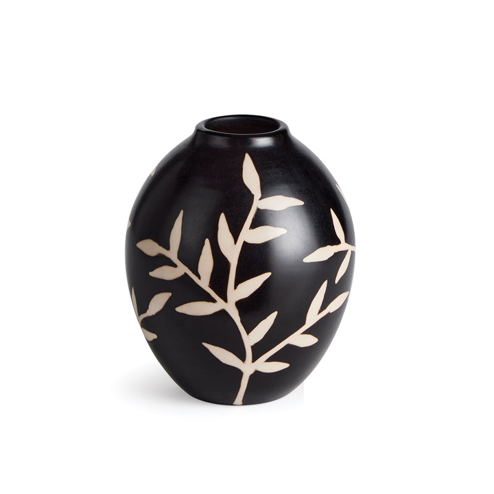 Front view of small black terracotta vase showing hand-etched vine motif and rounded silhouette – Modern Organic.