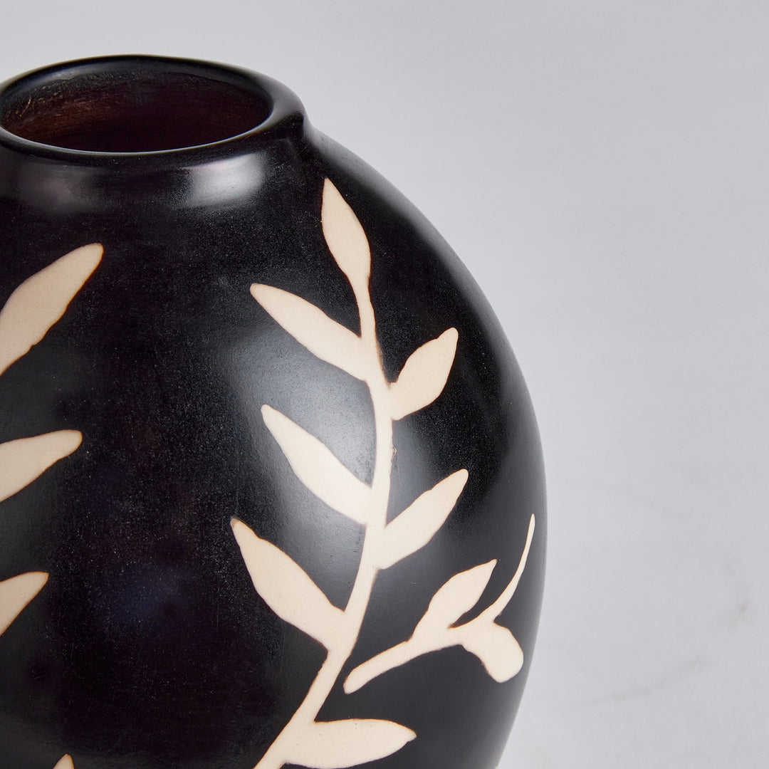 Side angle showing curved body and organic vine etching on small terracotta vase – Modern Organic.