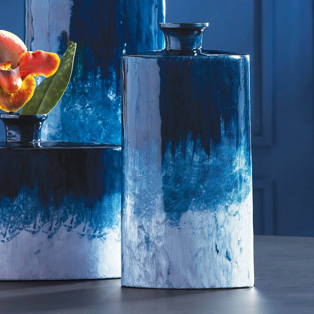 Small blue ombre iron vase shown styled with matching collection pieces, hand-painted modern decor accent for coastal and organic interiors – Modern Organic.

