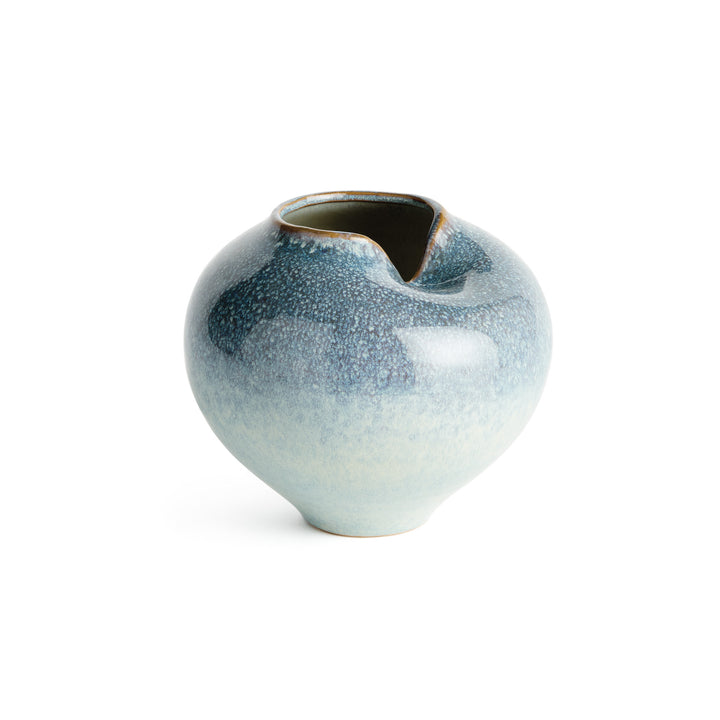 Small blue reactive glaze stoneware vase with sculptural indented opening and rounded organic form – Modern Organic