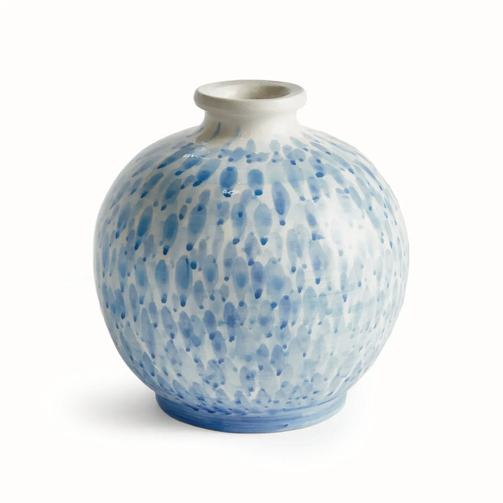 Small blue and white ceramic vase with rounded body, narrow neck and painted droplet pattern, on white, Coastal Transitional