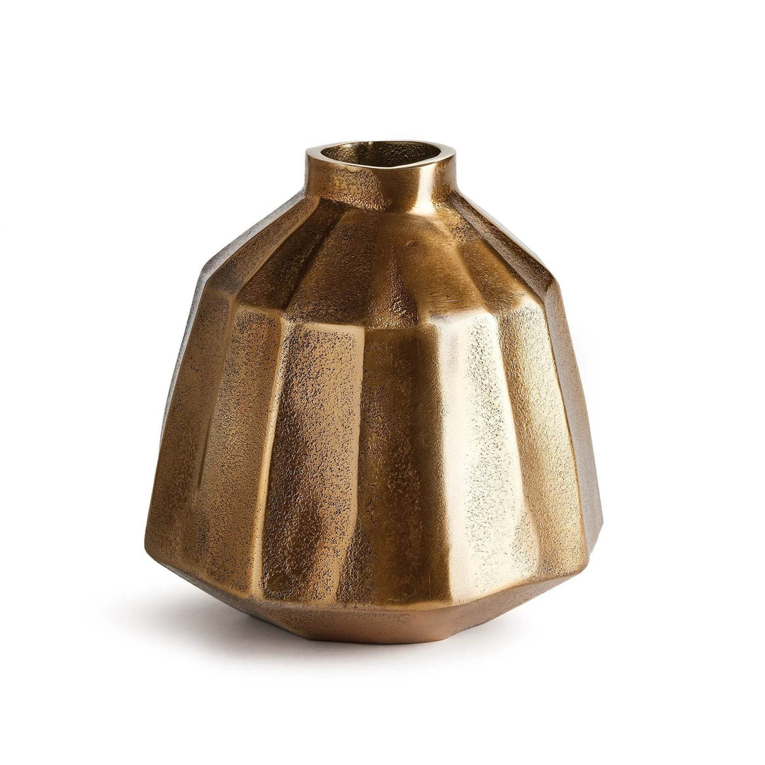 Small brass decorative vase with faceted shape and antique finish shown on white background, modern accent decor for home – Contemporary Classic.


