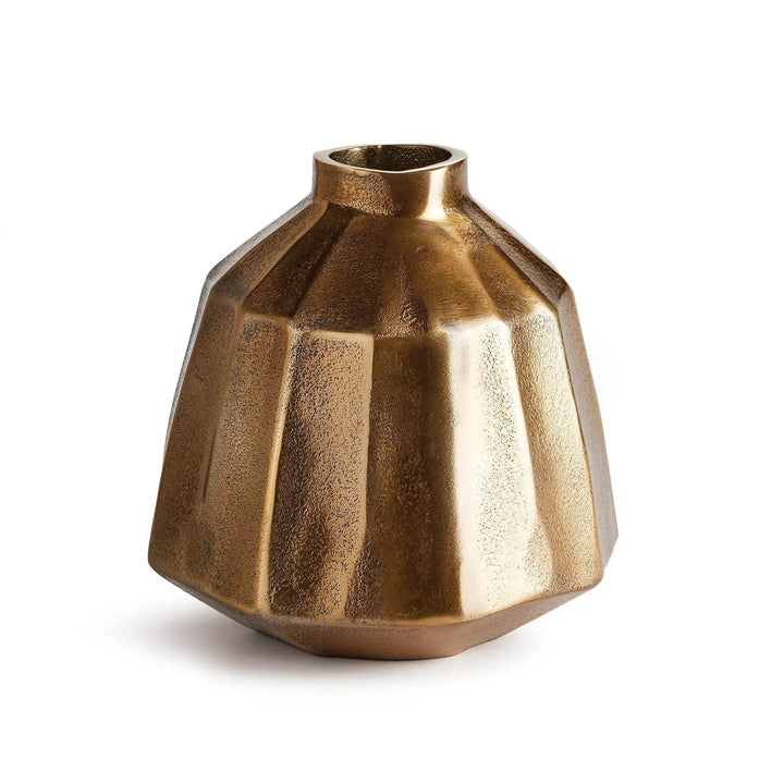 Small brass decorative vase with faceted shape and antique finish shown on white background, modern accent decor for home – Contemporary Classic.

