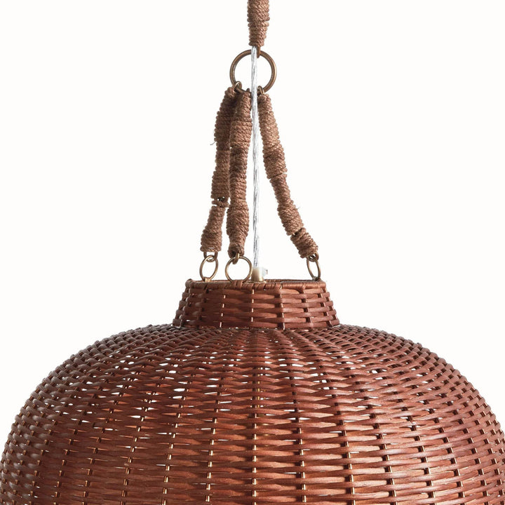 Small brown rattan pendant top detail showing wrapped hanging supports, metal rings and rounded woven shoulder, Coastal style