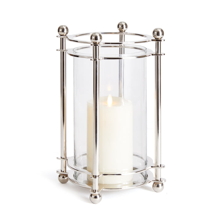 Small chrome hurricane candle holder with glass insert and orb finials, modern classic styling
