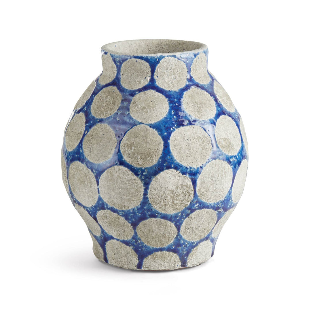Small cobalt blue ceramic vase with raised light gray dot pattern and narrow neck, 9 inch tall for tabletop styling – Mid-Century.

